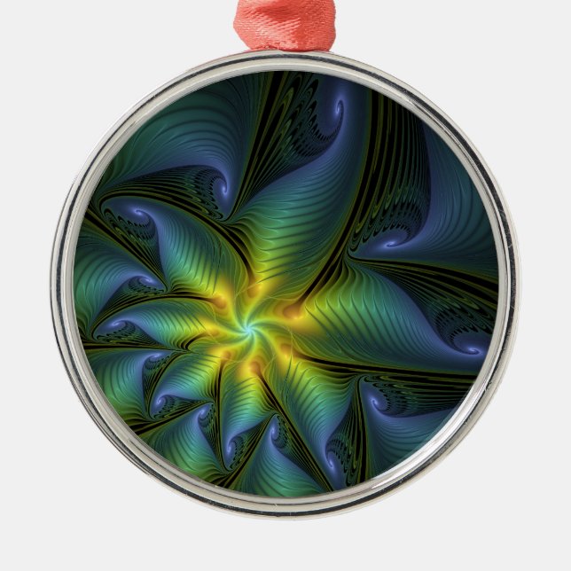 Abstract Star, Shiny Blue Green Golden Fractal Art Metal Ornament (Front)