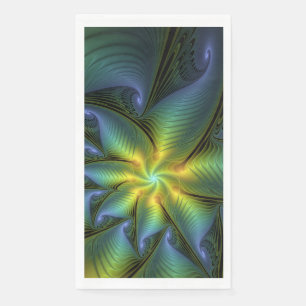 Abstract Star, Shiny Blue Green Golden Fractal Art Napkin