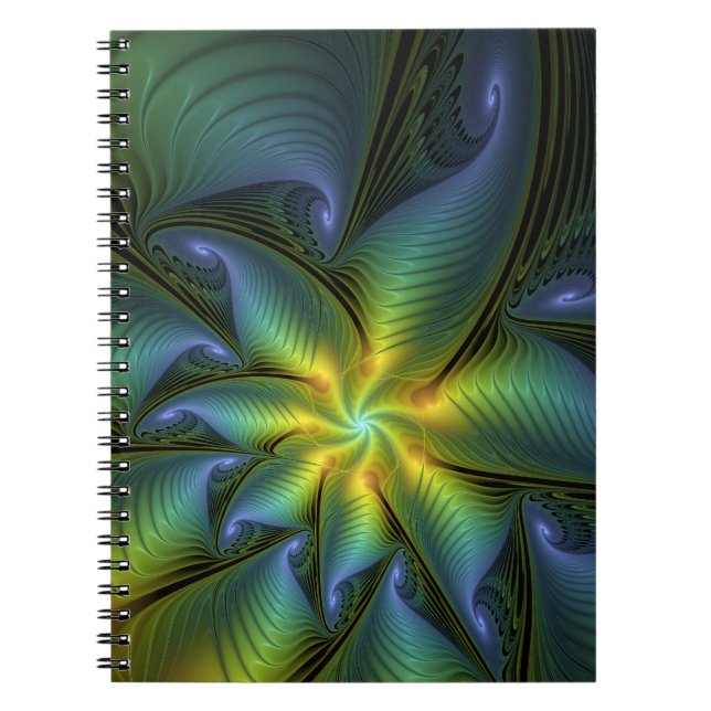 Abstract Star, Shiny Blue Green Golden Fractal Art Notebook (Front)