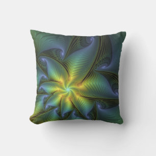 Abstract Star, Shiny Blue Green Golden Fractal Art Outdoor Pillow