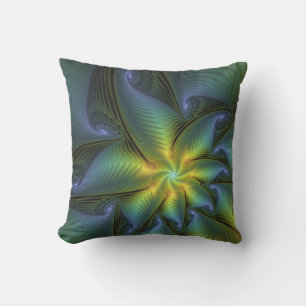 Abstract Star, Shiny Blue Green Golden Fractal Art Outdoor Pillow