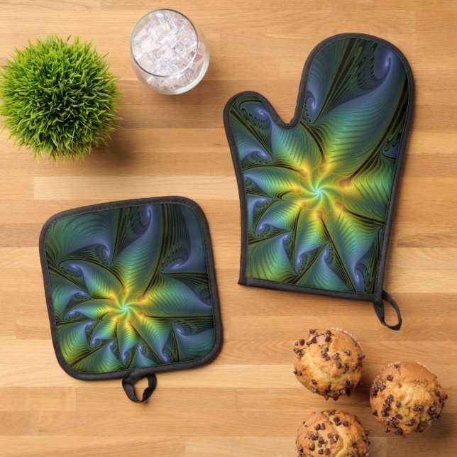 Abstract Star, Shiny Blue Green Golden Fractal Art Oven Mitt & Pot Holder Set (Top Down)
