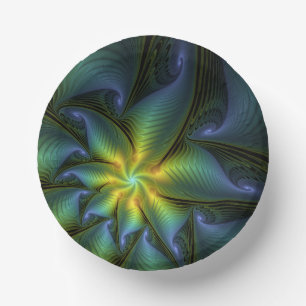 Abstract Star, Shiny Blue Green Golden Fractal Art Paper Plate