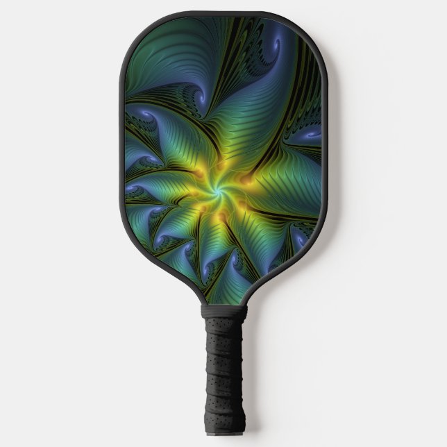 Abstract Star, Shiny Blue Green Golden Fractal Art Pickleball Paddle (Front)