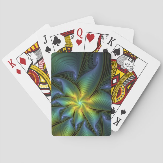 Abstract Star, Shiny Blue Green Golden Fractal Art Playing Cards (Back)