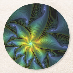 Abstract Star, Shiny Blue Green Golden Fractal Art Round Paper Coaster