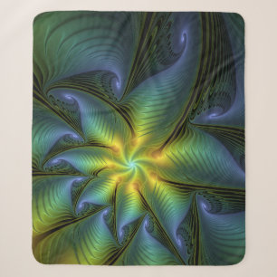 Abstract Star, Shiny Blue Green Golden Fractal Art Sherpa Blanket