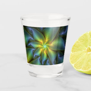 Abstract Star, Shiny Blue Green Golden Fractal Art Shot Glass