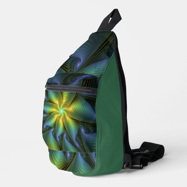 Abstract Star, Shiny Blue Green Golden Fractal Art Sling Bag (Right Corner)