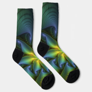Abstract Star, Shiny Blue Green Golden Fractal Art Socks