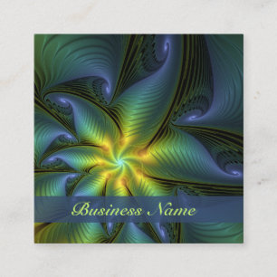 Abstract Star, Shiny Blue Green Golden Fractal Art Square Business Card