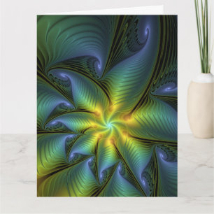 Abstract Star, Shiny Blue Green Golden Fractal Art Thank You Card