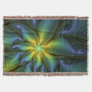 Abstract Star, Shiny Blue Green Golden Fractal Art Throw Blanket