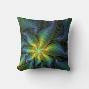 Abstract Star, Shiny Blue Green Golden Fractal Art Throw Pillow