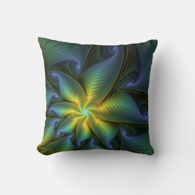 Abstract Star, Shiny Blue Green Golden Fractal Art Throw Pillow (Front)