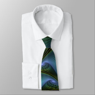 Abstract Star, Shiny Blue Green Golden Fractal Art Tie