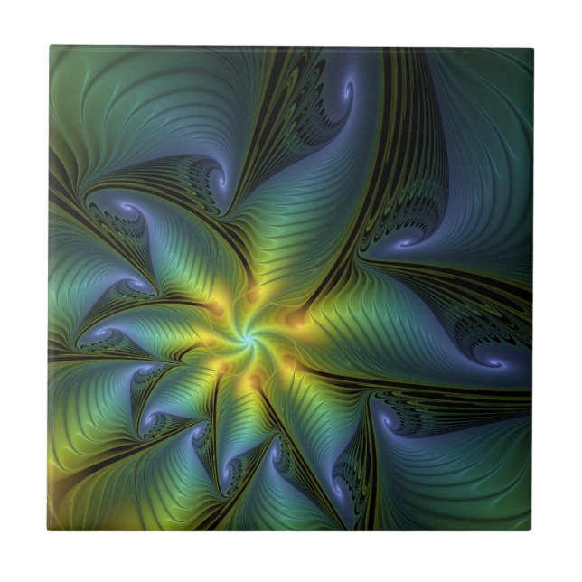 Abstract Star, Shiny Blue Green Golden Fractal Art Tile (Front)