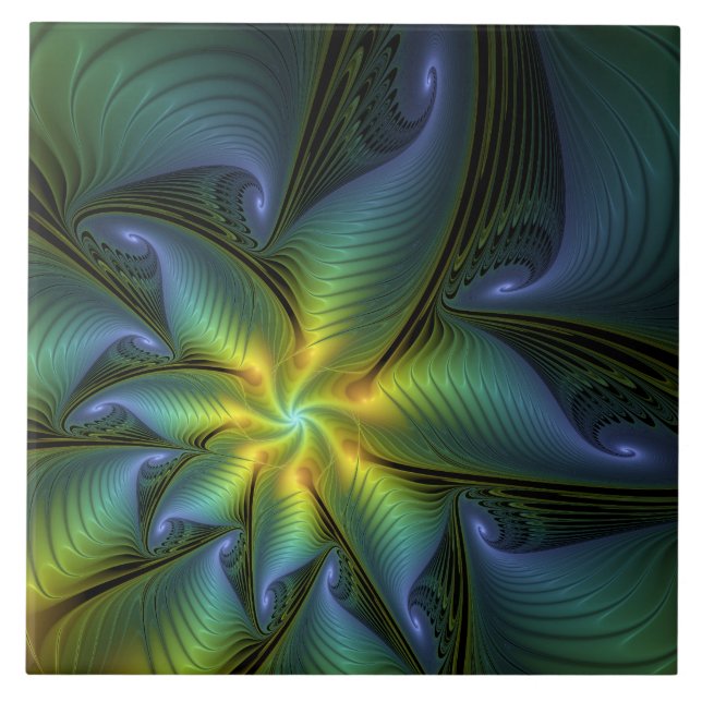 Abstract Star, Shiny Blue Green Golden Fractal Art Tile (Front)