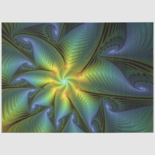 Abstract Star, Shiny Blue Green Golden Fractal Art Tissue Paper