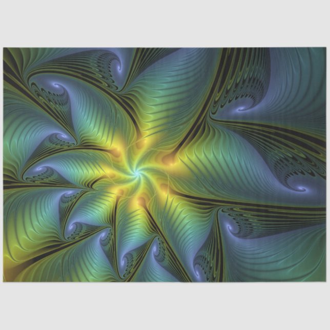 Abstract Star, Shiny Blue Green Golden Fractal Art Tissue Paper (Front)