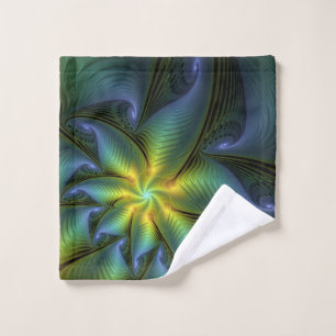 Abstract Star, Shiny Blue Green Golden Fractal Art Wash Cloth