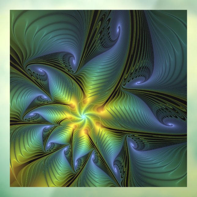 Abstract Star, Shiny Blue Green Golden Fractal Art Window Cling (Sheet 3)