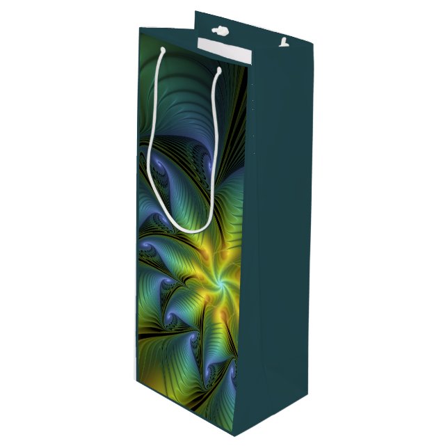 Abstract Star, Shiny Blue Green Golden Fractal Art Wine Gift Bag (Front Angled)