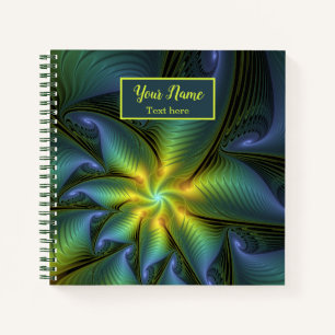 Abstract Star Shiny Blue Green Golden Fractal Name Notebook