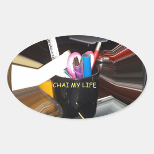 Abstract Still Life Tea Mug Office Stationary Art Oval Sticker