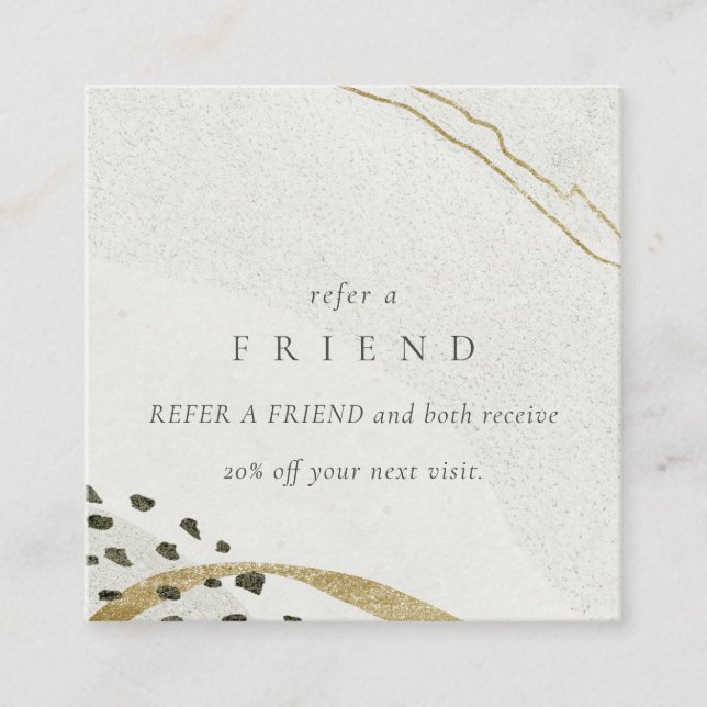 Abstract Stone Grey Ivory Gold Refer A Friend Square Business Card (Front)
