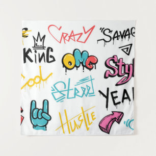 Abstract street graffiti lettering elements with g tapestry