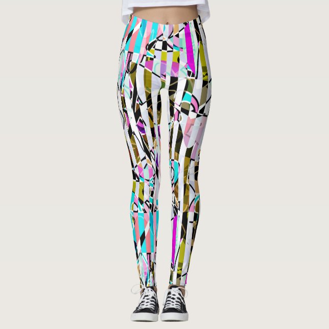 Abstract striped pattern stripes beige turquoise p leggings (Front)