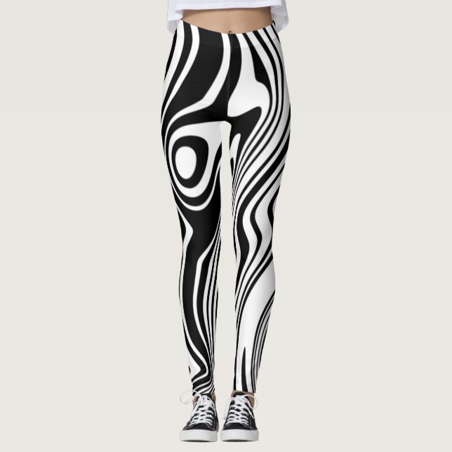 Abstract Striped Waves Black and White Leggings (Front)