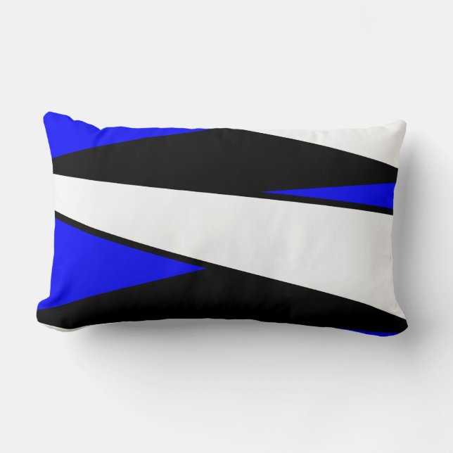 Abstract Stripes, Black and White on Blue Lumbar Pillow (Front)