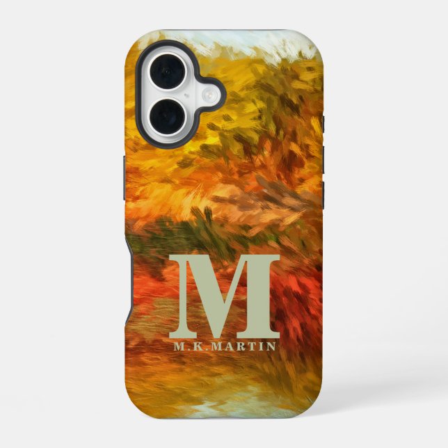 Abstract Strokes of Autumn Lake Monogram Initial iPhone 16 Case (Back)