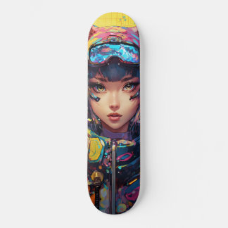 Abstract style anime art of a cat girl in cyberpun skateboard