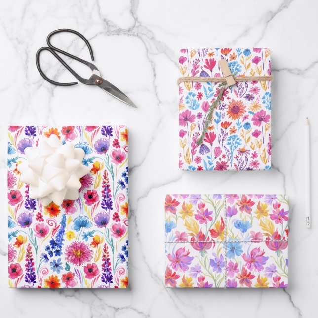 Abstract Style Flowers Three Similar Patterns Wrapping Paper Sheet (Front)