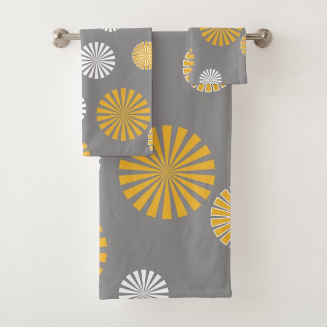 Abstract, stylized dandelions, grey, yellow, white bath towel set (Insitu)