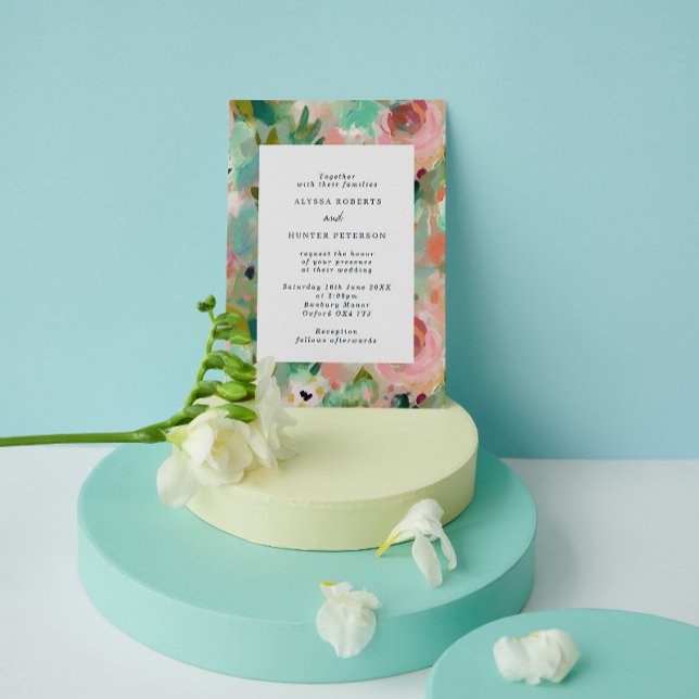 Abstract Summer Pink &  Green Floral Wedding  Invitation (Creator Uploaded)