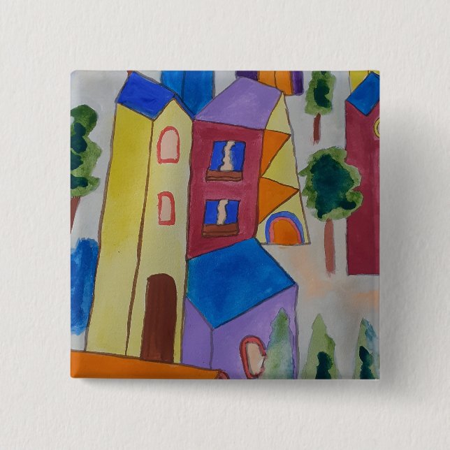 Abstract Summer Village  2 Inch Square Button (Front)