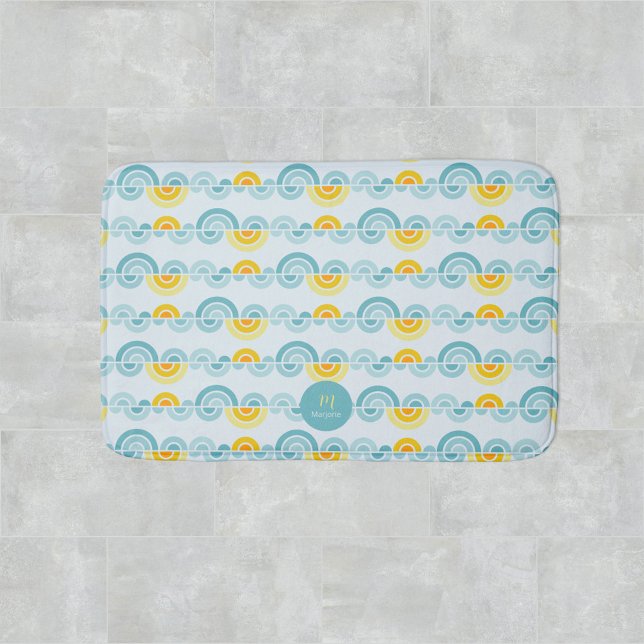 Abstract sun and clouds curved pattern bath mat (Custom name and monogram bath mat with abstract sunset and clouds pattern)
