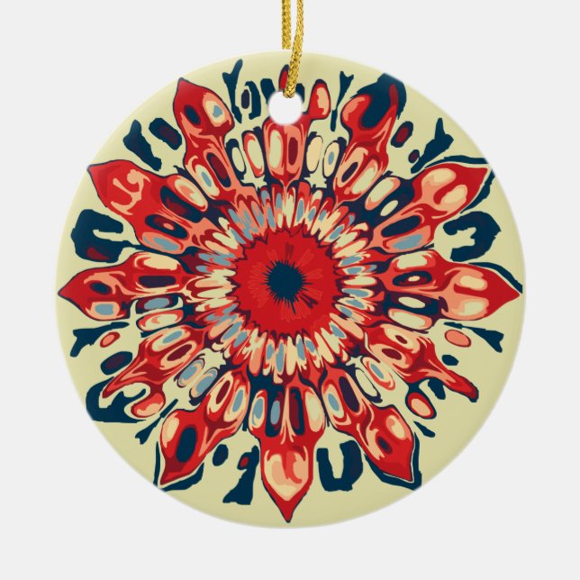 Abstract SUN FLOWER - red blue + your backgr. Ceramic Ornament (Front)
