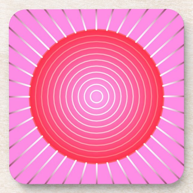 Abstract sunburst in coral, pink and silver coaster (Front)