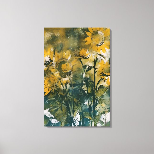 Abstract sunflower art, rich teals, yellows canvas print (Front)