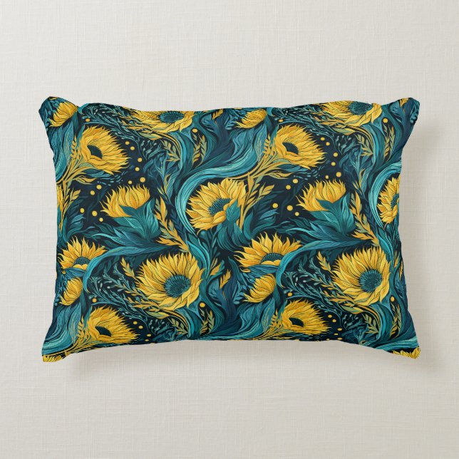 Abstract Sunflowers in Blues Accent Throw Pillow (Front)