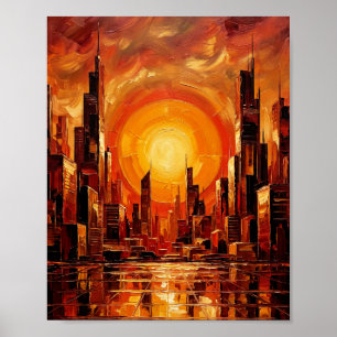 Abstract Sunset City Skyline Palette Knife Poster