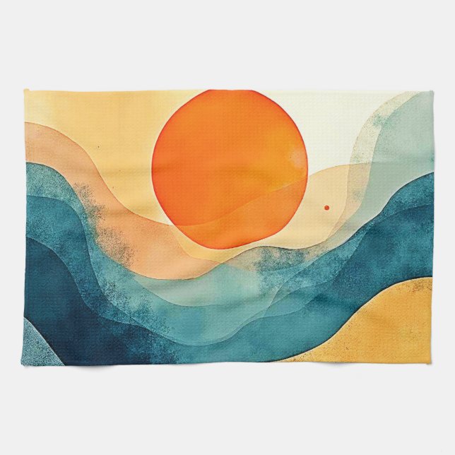 Abstract Sunset Waves Art Kitchen Towel (Horizontal)