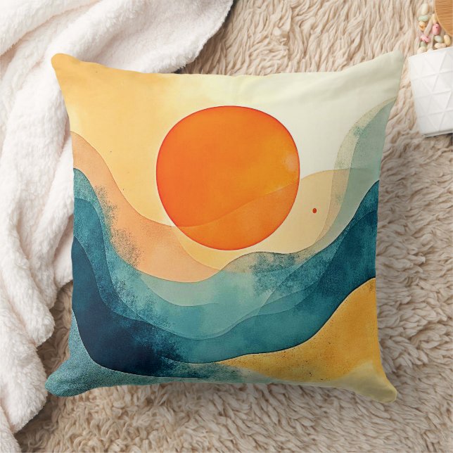 Abstract Sunset Waves Art Throw Pillow (Blanket)