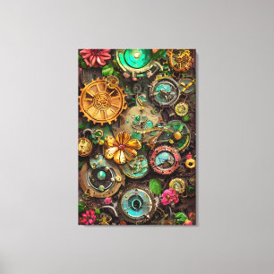 Abstract Surreal Gears Flowers Steampunk Art    Canvas Print