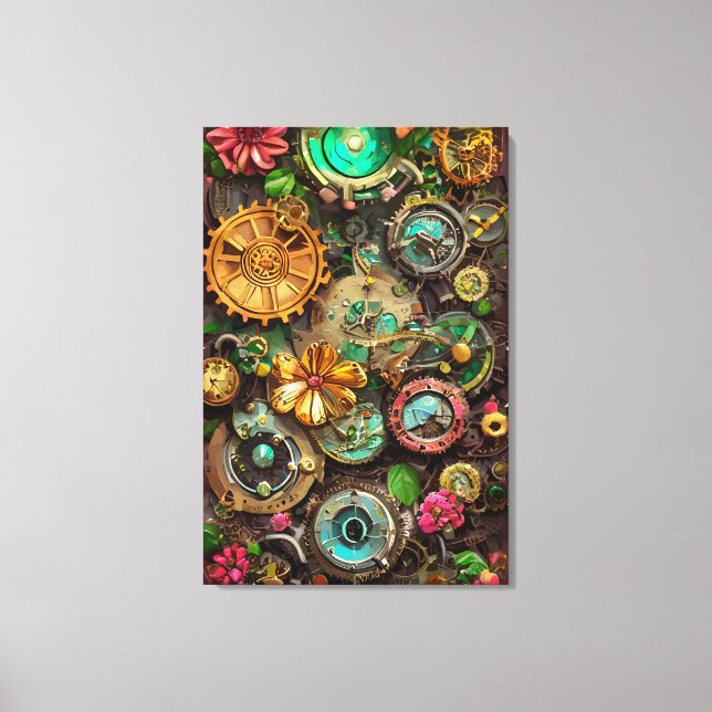 Abstract Surreal Gears Flowers Steampunk Art    Canvas Print (Front)